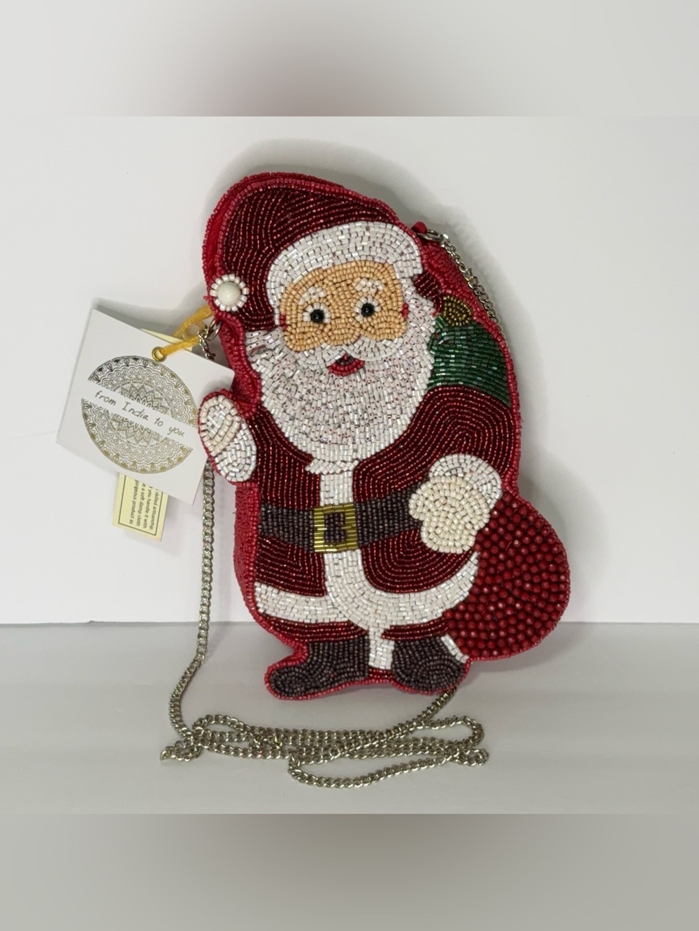 Beaded Santa Claus Novelty Crossbody Mini Bag w/ Chain Strap Magnetic Closure